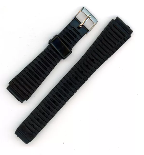 Black rubber 16mm wrist watch strap band vintage NOS silver tone buckle #12