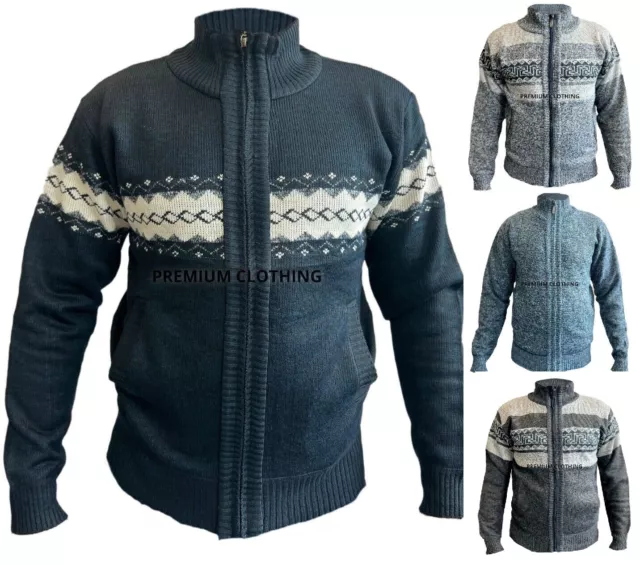 EX Store Fleece LINED Mens THICK Cardigan Funnel Collar Zip Up Knitted Jumper