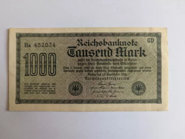 1000 Mark Reichsbanknote vom 15. September 1922 BA452034 SAMMLERSTÜCK