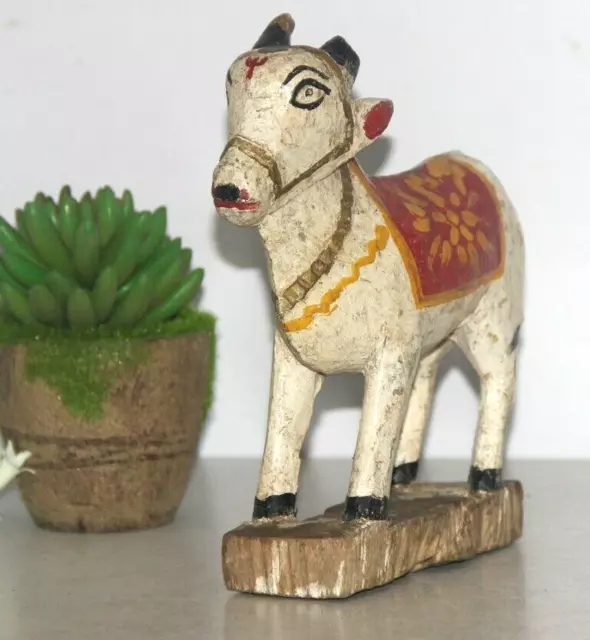 1870's Antique Old Wooden Hand Carved Holy Cow, Nandi Figurine /Statue 9885