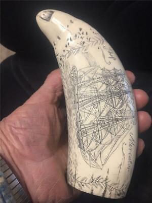 "SHIP LIBERTY" fine details  historic Sperm whale tooth scrimshaw replica 