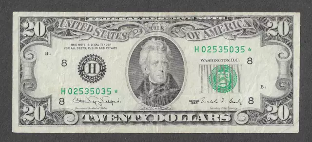 FR 2077-H* STAR  St. Louis $20  Series of 1990 Green Seal Federal Reserve Note