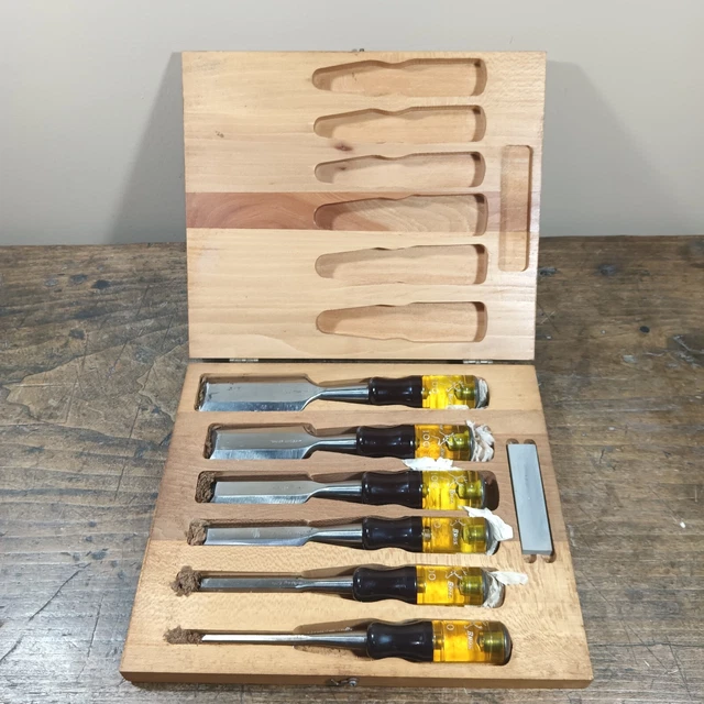 Vintage 6 Pc Buck Bros Bevel Edge Tools Chisel Set Wood Box Sharpener