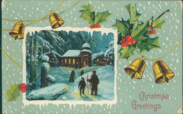 Christmas greetings bells and snow scene villiage inset