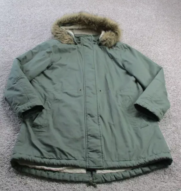 GAP Womens Parka Jacket Coat Large Faux Fur Hood Lined Casual Army Green FLAW