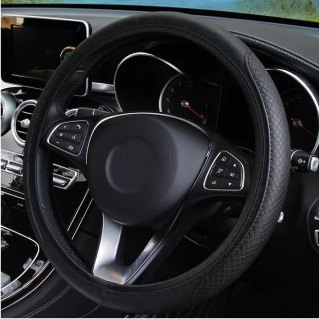 1x Black PU Leather Car Steering Wheel Cover for Good Grip Accessories 15"/38CM