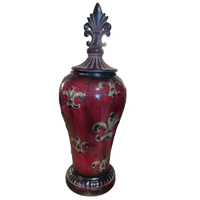 Ceramic Fleur De Lis Vase/ Urn Lidded Burgundy Ceramic Urn