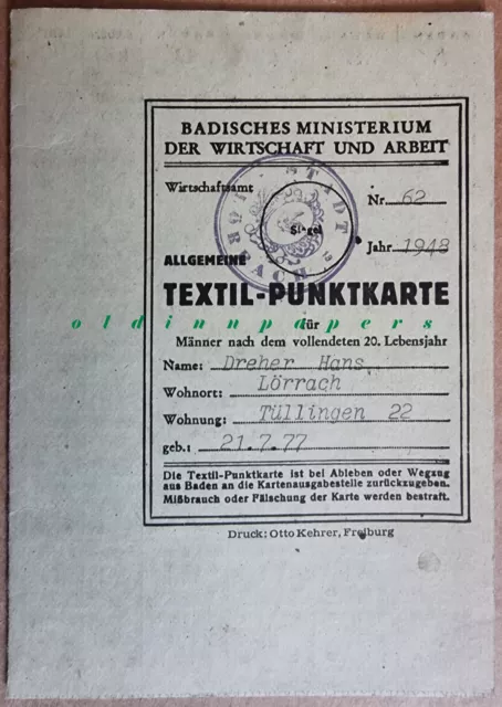 Lörrach Textil-Punktekarte Badisches Ministerium franz. Besatzungszone 1948