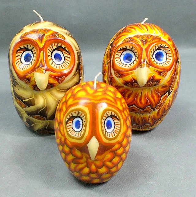 Vintage MILLEFIORI Retro OWL CANDLES Mosaic GROOVY Lot of 3