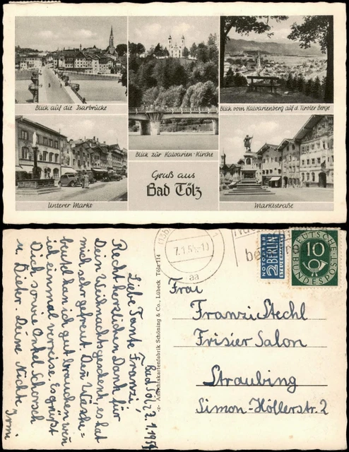 Bad Tölz Mehrbild-AK mit Isar-Brücke, Marktstraße, Kalvarien-Kirche uvm. 1954