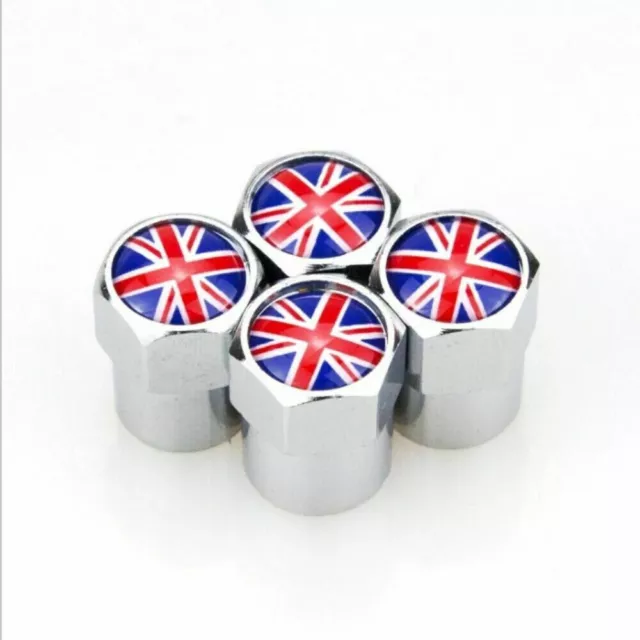 4x Universal Metallic Union Jack Flag UK Chrome Dust Caps Valve Tyre Car Bike UK