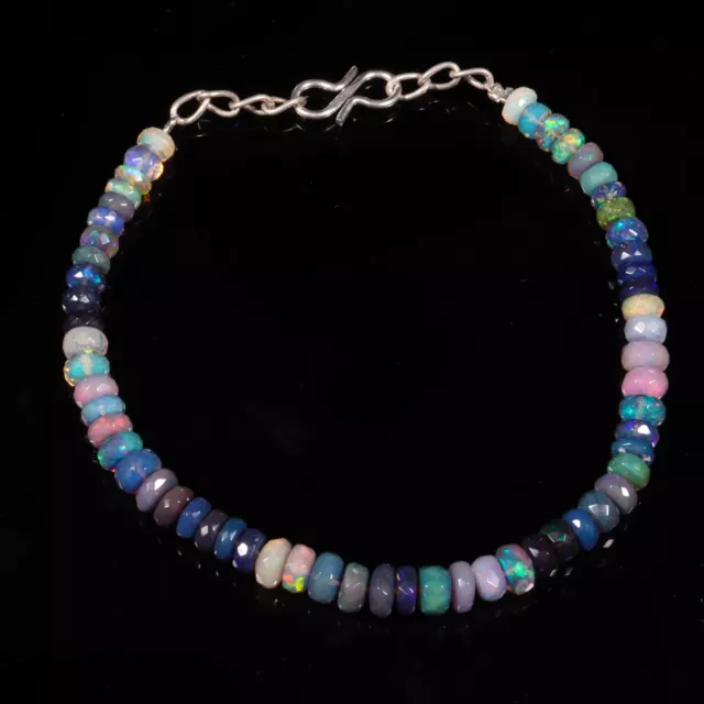 Natural Ethiopian Opal Bracelet, Black Opal Beads Multi Fire, Faceted Opal Beads