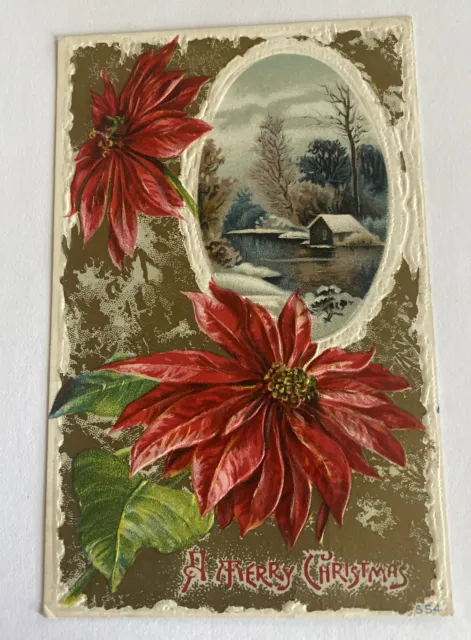 Vintage Ornate Embossed Merry Christmas Postcard ~ Poinsettia & winter scene