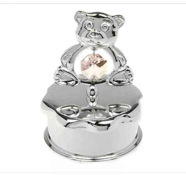 Crystal Baby Girl Silver Plated Teddy Bear Tooth Trinket Box Christening Gift