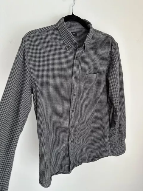 New Men's Uniqlo Medium Flannel Regular Grey Gingham Checked Long Sleeve Shirt