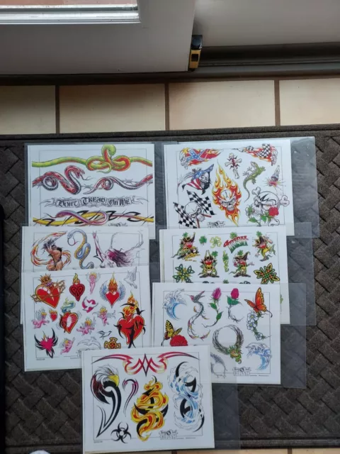 Lote de 7 hojas flash de tatuaje de Cherry Creek corazones serpientes duende rosa (10) de colección
