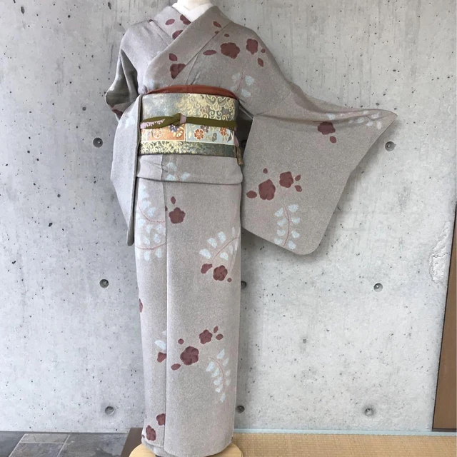 Japanese Kimono Pure Silk Komon Chirimen Casual 163cm Floral Pink Gray Antique