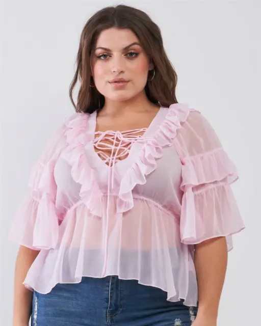 Baby Pink SIZE 1X Shirt Top WOMENS PLUS 3/4 Sleeves RUFFLES Lace Up SHEER V Neck