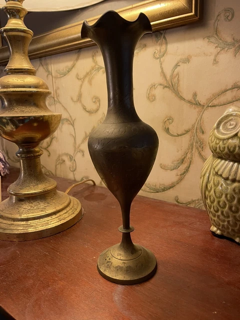 Vintage Brass Vase Etched Scalloped Rim Pedestal Collectible Made in India 11.5” Vintage Brass Vase Etched Scalloped Rim Pedestal Collectible Made in India 11.5”