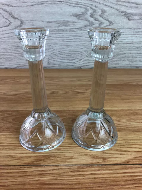 Pair Of Clear Cut Glass Candlesticks Flower Pattern In Base 6" Tall