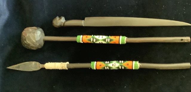 Vintage 3 Hand Carved Bead African spear, Beaded Zulu Knob, Wooden Knife￼