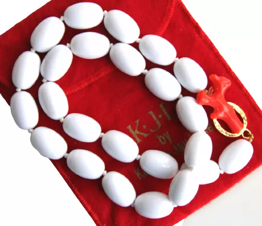 KJL Kenneth Jay Lane White Lucite Bead Faux Red Coral Branch Clasp Necklace 27"