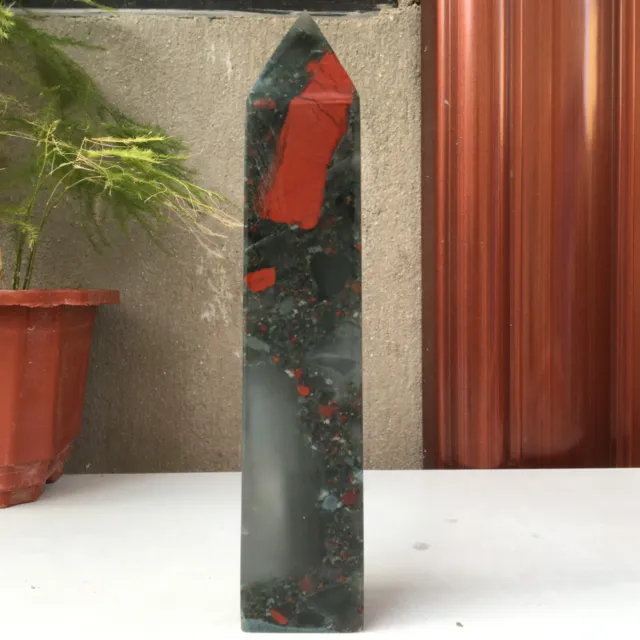 392g Natural Bloodstone Obelisk Quartz Point Crystal Wand Reiki Healing Gift