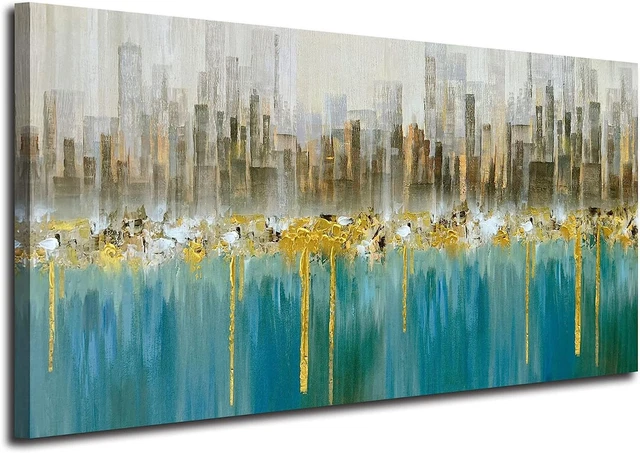Teal Abstract Cityscape Canvas Wall Art Modern Skyline Gold Painting Blue