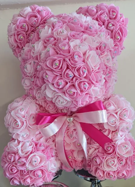 Bear big size 40cm with foam roses white with diamonds And Pink 🩷 2