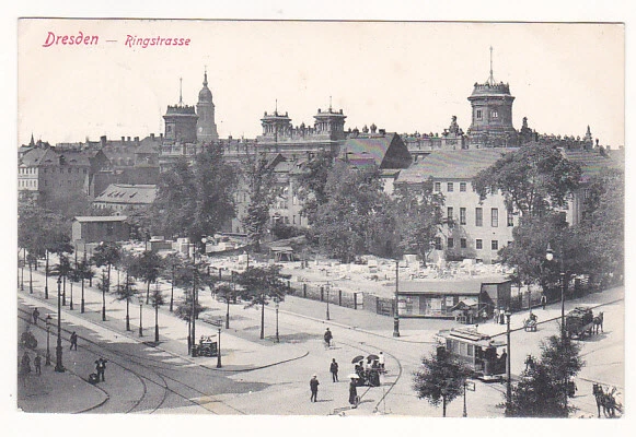 Dresden Ringstrasse Abbrucharbeiten 1906 Strassenbahn Pferdekutsche Gruss aus