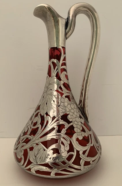 American Art Nouveau Sterling Overlay Cranberry Glass  Decanter Grapevines  1900