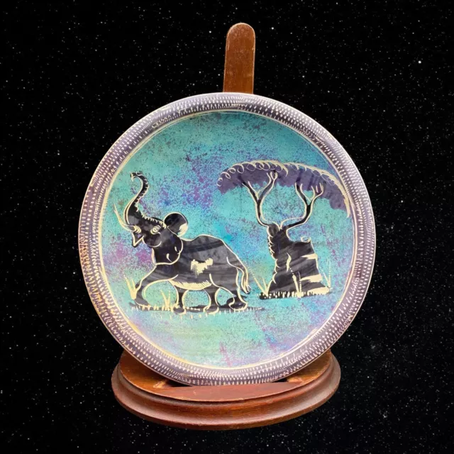African Art Pottery Soapstone Playing Elephant Carved Plate Trinket Dish 6”W