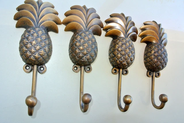 4 large PINEAPPLE COAT HOOKS solid age brass vintage old style 19cm hook beach B