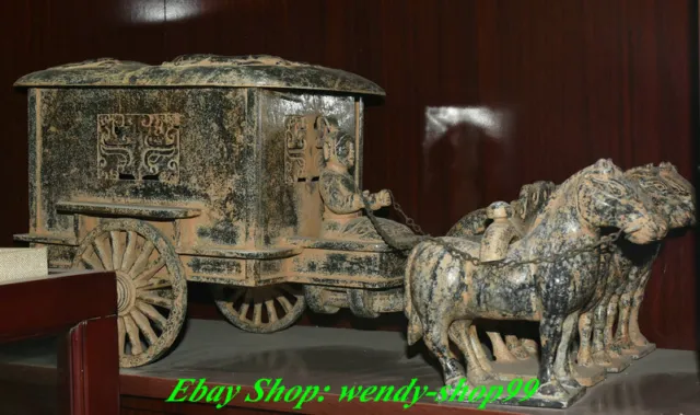 27" Old China Qin Dynasty Natural Hetian Jade Soldier Horse Pull Cart Statue