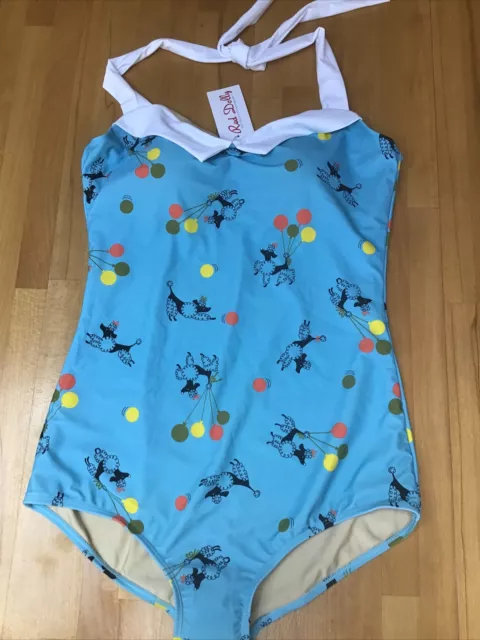 Red Dolly  Swimsuit XL  Blue Vintage Poodle  Print One Piece 1950s BNWT