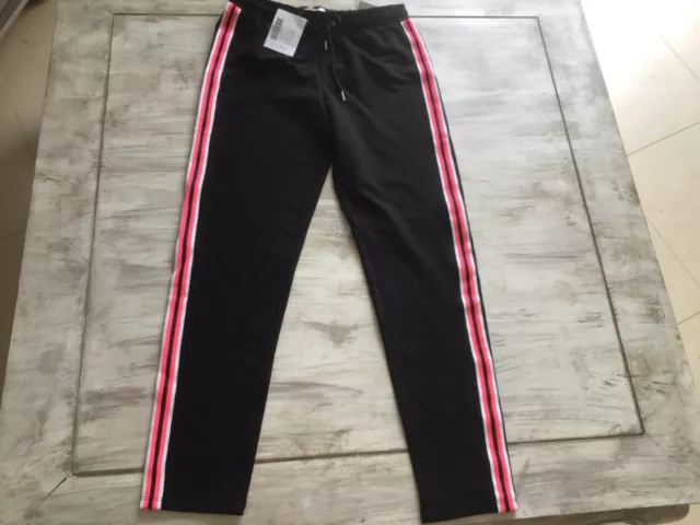 Pantalon fille noir neuf LA HALLE avec bandes sur cotées rose fluo et blanc T-S