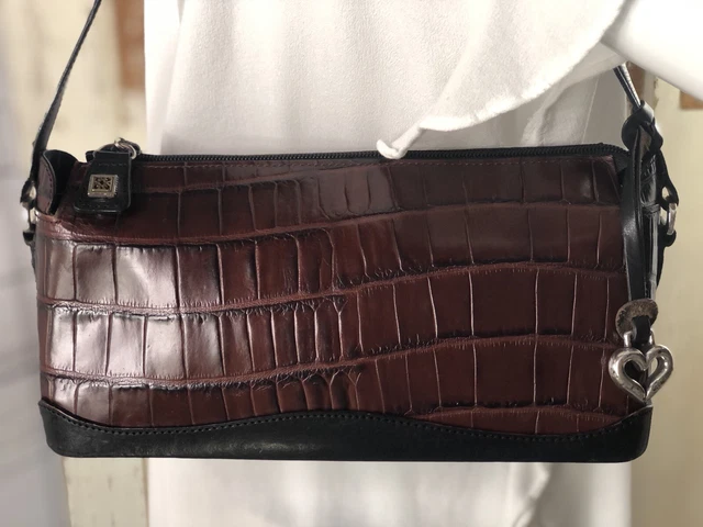 Vtg BRIGHTON Brown Structured Croc Embossed Patent Leather Shoulder Bag Satchel