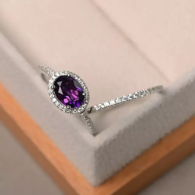 1.90Ct Oval Cut Natural Amethyst Diamond Wedding Band Set 14K Solid White Gold