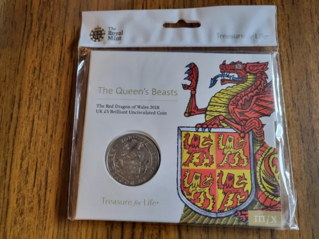 2018 UK five pound £5 coin in Royal Mint BU Pack Queen's Beasts Red Dragon Wales
