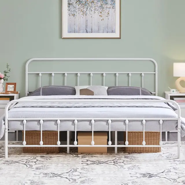 Classic Metal Platform Bed Frame Mattress Foundation with Victorian Style Iron-A
