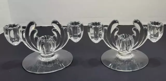 Vintage Pair Art Deco Heisey Crystolite 3 Lite Glass Candlesticks