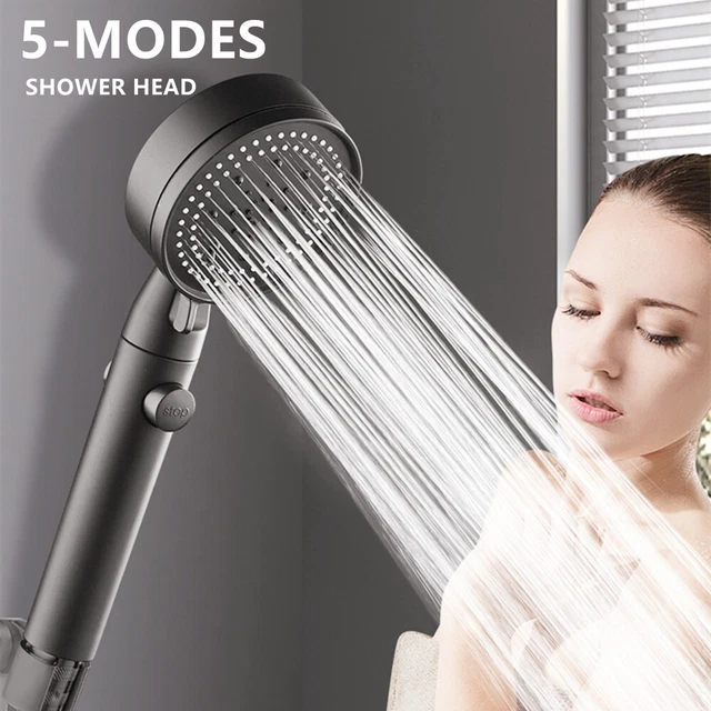 Pommeau De Douche Haute Pression Avec Filtre - 3+1 Jets, Bouton Arrêt D'eau, Tuyau 1.5m Et Support Mural, Gris