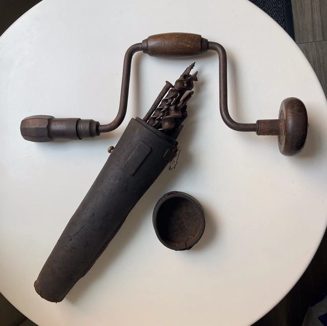 ANTIQUE MANUAL HAND Crank Drill With Wooden Handles Drill Bits In
