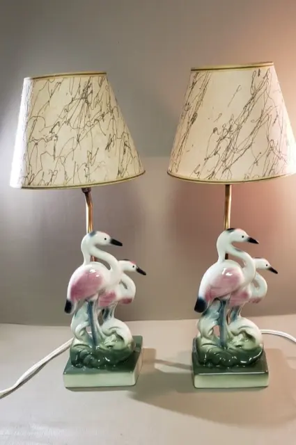 Pair (2) Vintage MCM 1950's Flamingo Lamps-Original Shades