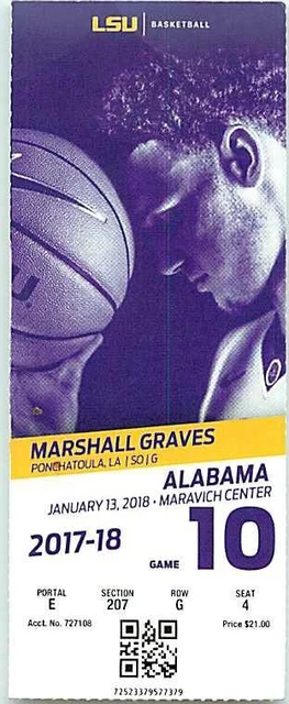 Ticket College Basketball Alabama 2017 - 18  1.13 - LSU Tigers