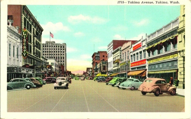 Yakima Ave. Scene W/ Old Cars Liberty Theatre J.c Penny Co.  Yakima Wa Postcard