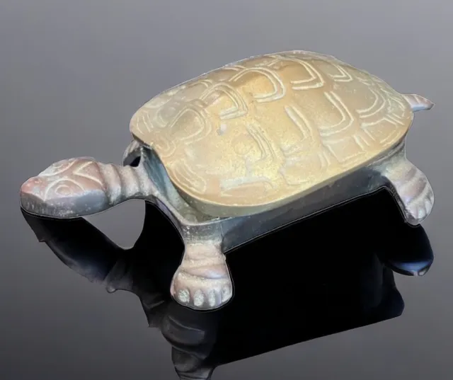 Vintage Brass Turtle trinket Box 6” lidded tortoise figurine jewelry Gold