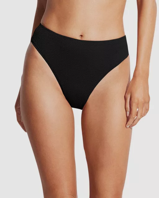 $92 Seafolly Womens Black Texture High-Rise Bikini Bottom Swimwear Size AUS6 US2