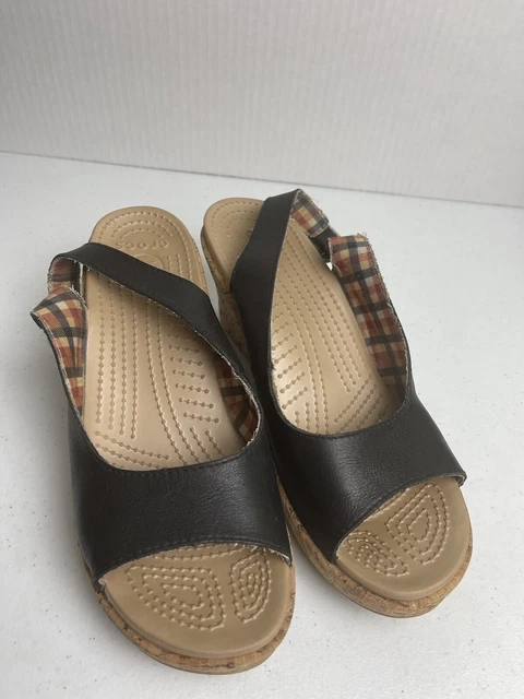 Crocs Women's Leigh Cork Heel Peep Toe Leather Slingback Black Sandals Sz W10 #C