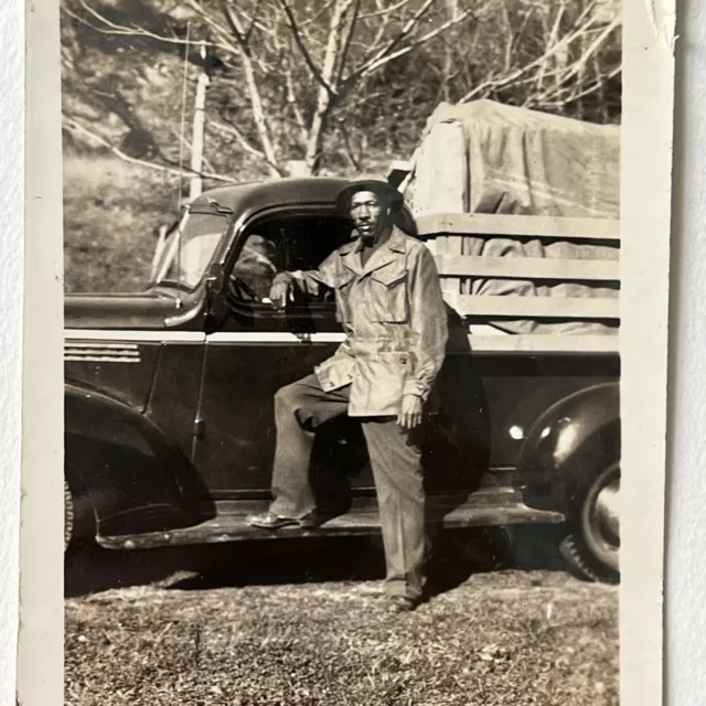 Vintage B&W Snapshot Photograph Handsome Black African American Man Farm Truck